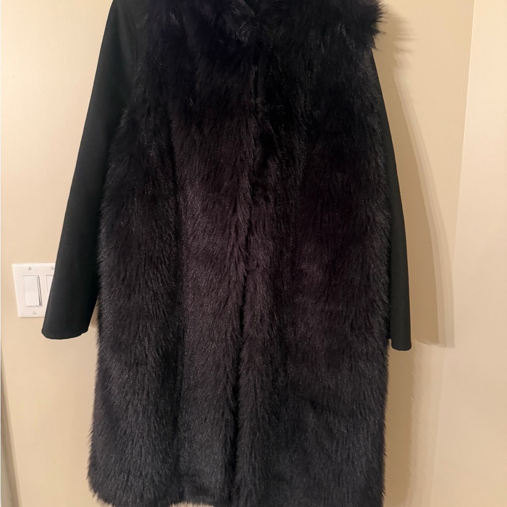 Faux Fur Coat. 2 in 1. Vest is removable and wool coat under with fur pockets